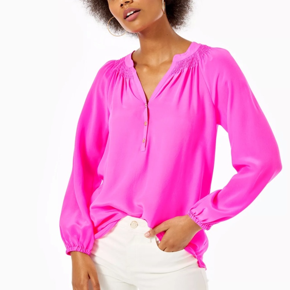 Lily Pulitzer Silk Top Elsa Hot Pink size Small long sleeve Smocked Neck